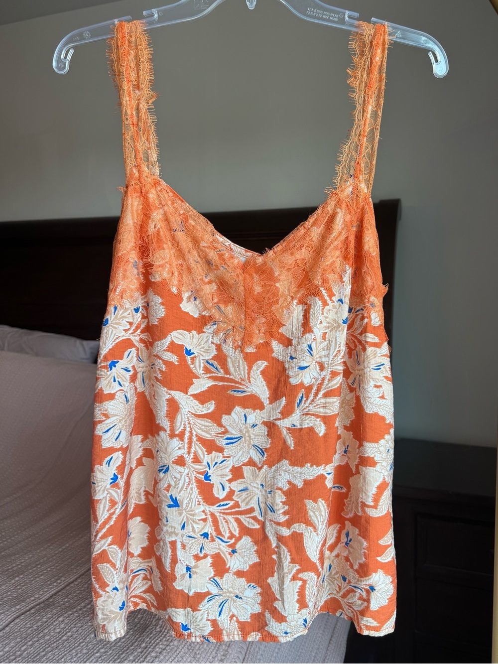 Sam Edelman Lace Trim Floral Camisole Tank Orange Cream Blue Medium